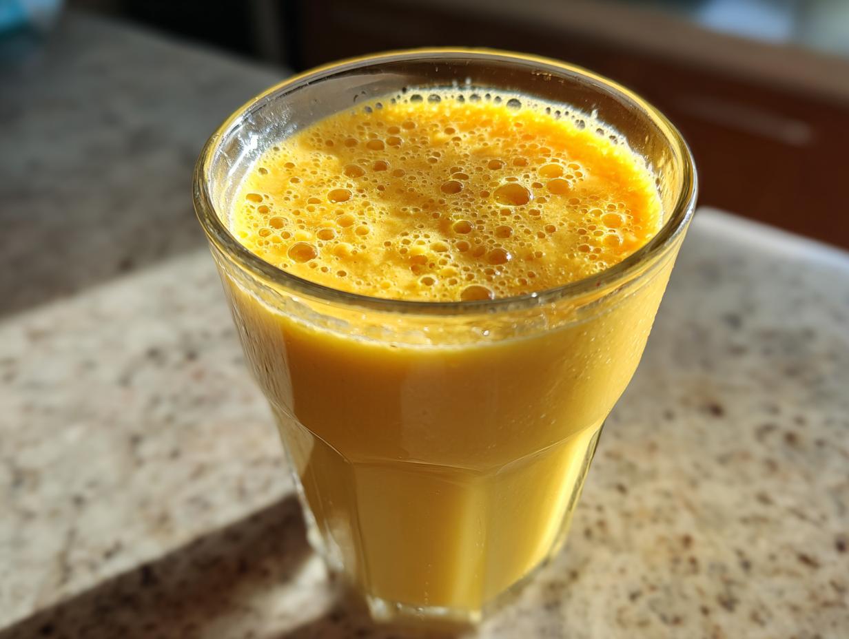 Close-up of a glass filled with frothy ramadan mango milkshake for iftar on a marble surface.