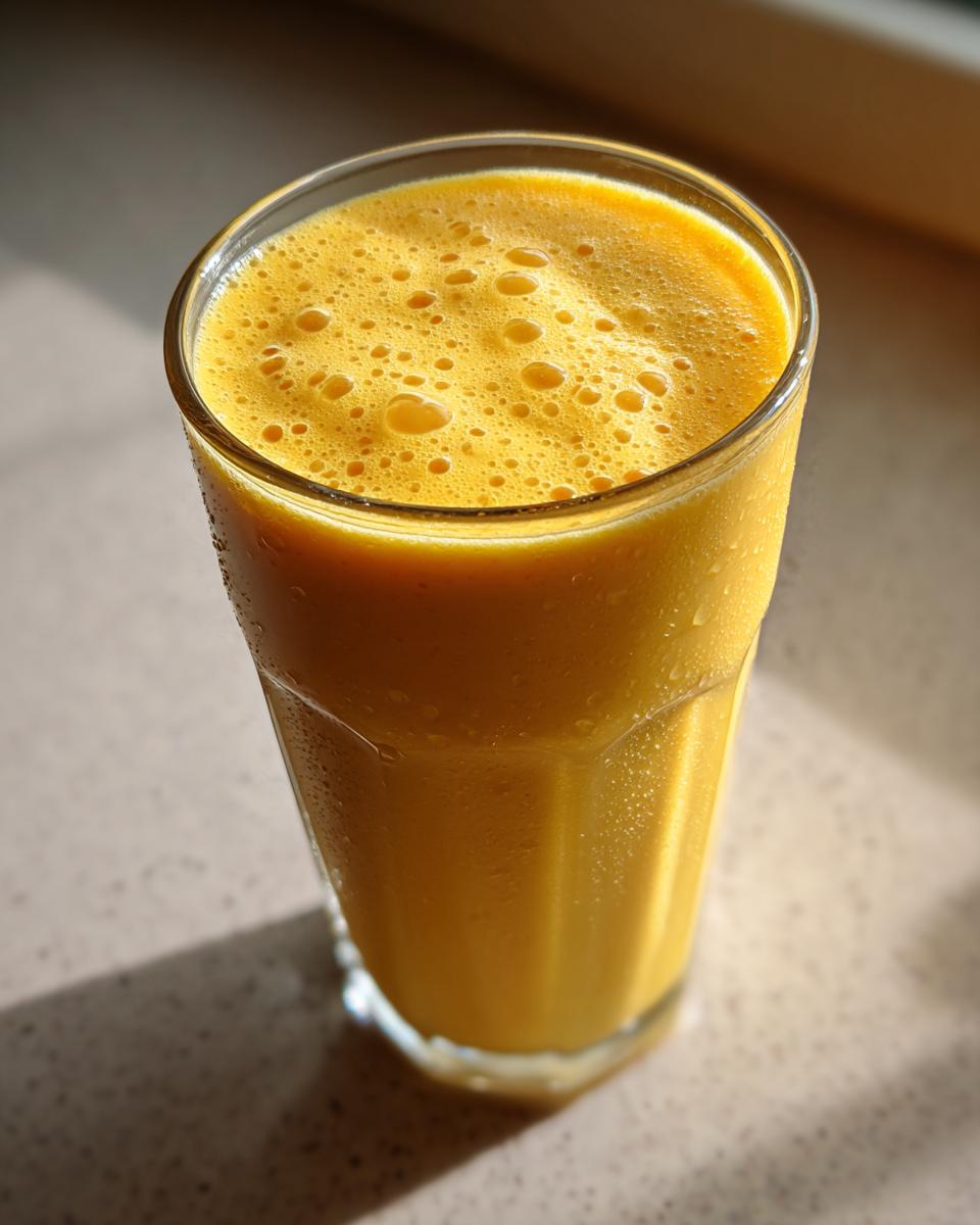 Close-up of a frothy, chilled ramadan mango milkshake for iftar in a clear glass.
