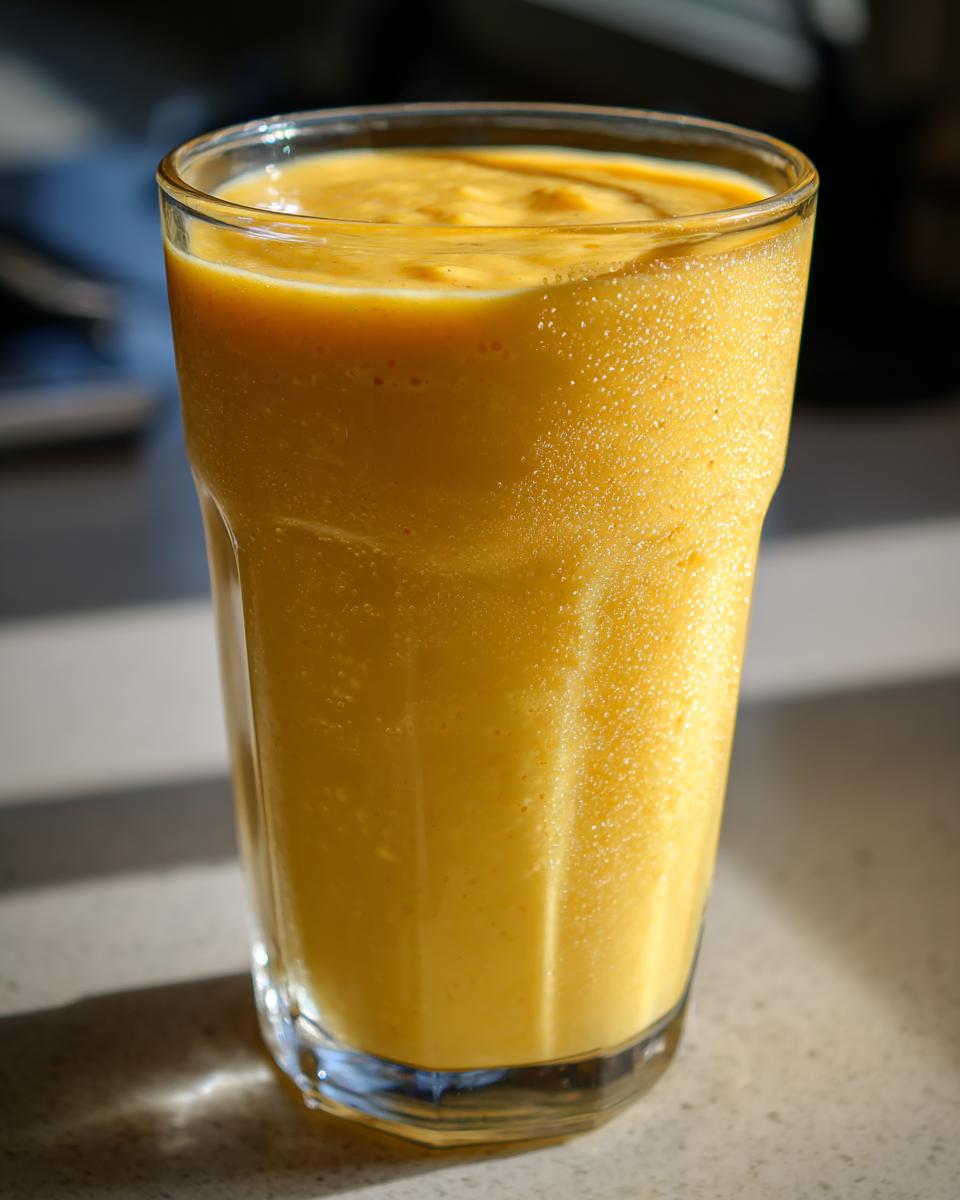 Close-up of a glass filled with creamy and frothy ramadan mango milkshake for iftar.