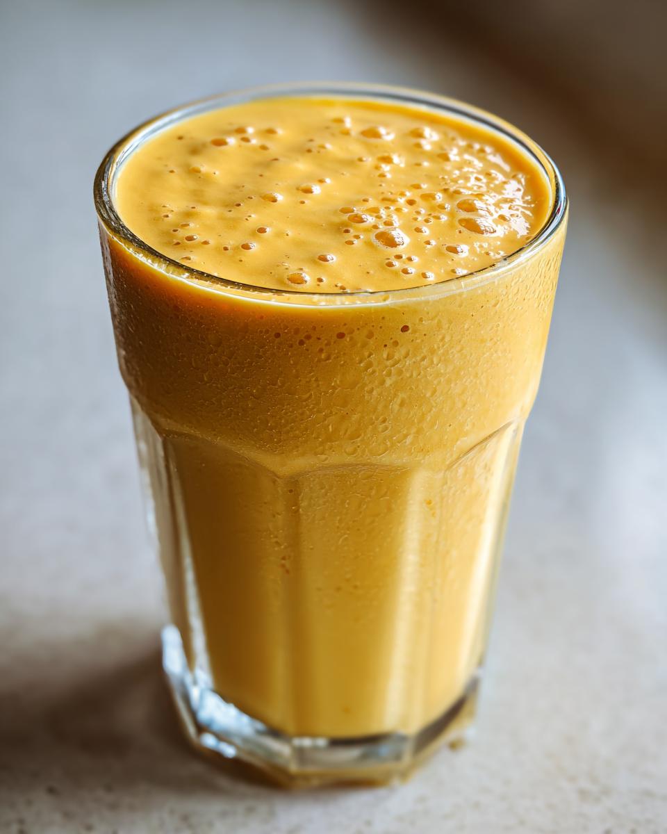 Close-up of a frothy, chilled ramadan mango milkshake for iftar in a clear glass.