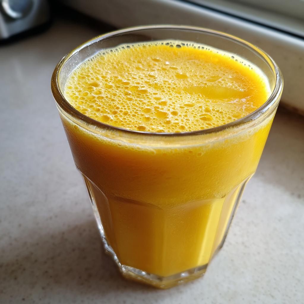 Close-up of a glass filled with frothy ramadan mango milkshake for iftar on a countertop.