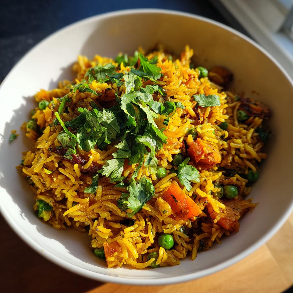 Bowl of vibrant ramadan one pot iftar rice with peas, carrots, and fresh cilantro garnish.