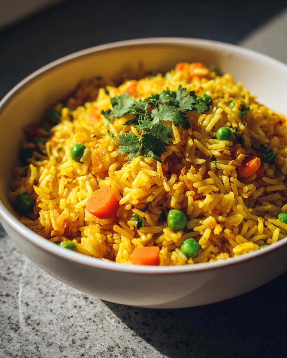 Bowl of vibrant ramadan one pot iftar rice with peas, carrots, and cilantro garnish