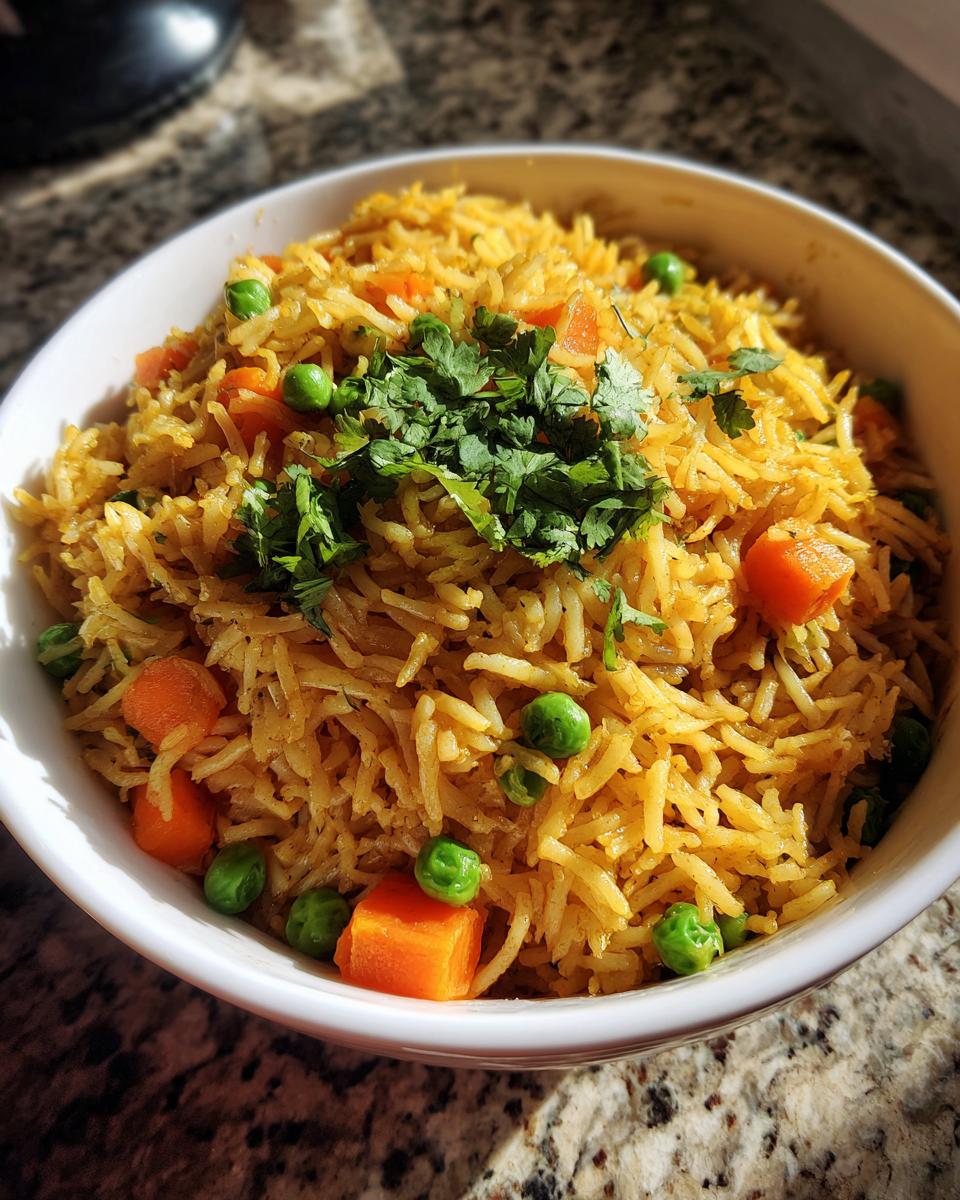 Bowl of ramadan one pot iftar rice with peas, carrots, and fresh herbs on top.