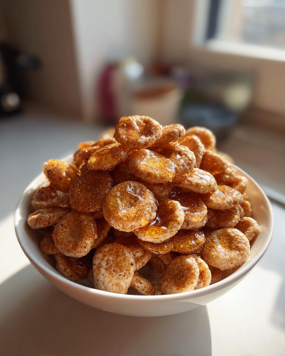 Close-up of a bowl filled with ramadan pancake cereal suhoor drizzled with syrup.