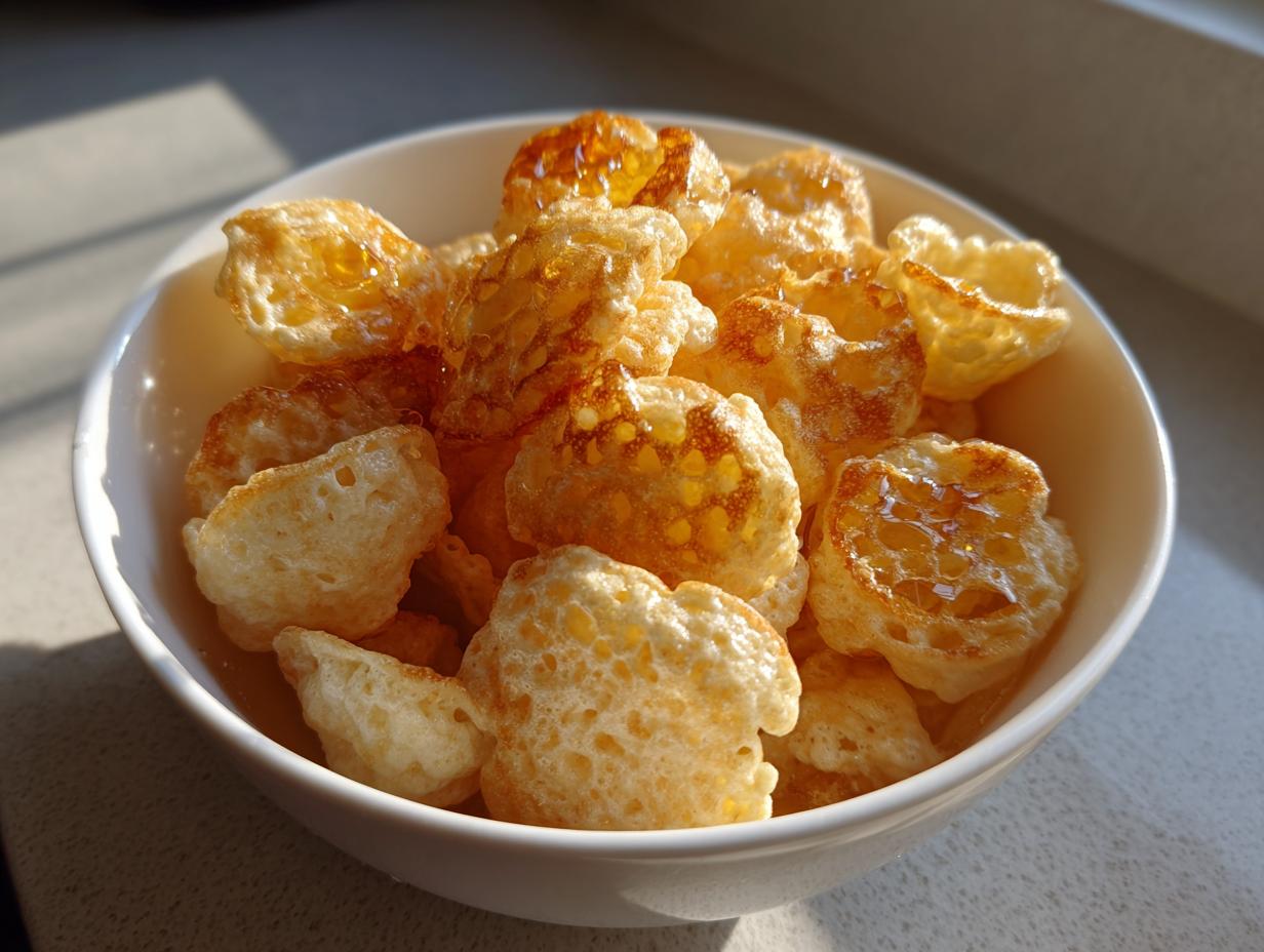 Close-up of a bowl filled with golden Ramadan pancake cereal suhoor drizzled with honey.