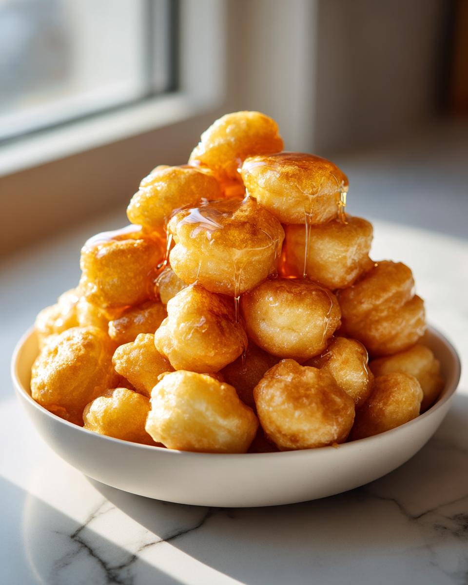 Bowl of mini pancakes stacked and drizzled with honey for ramadan pancake cereal suhoor