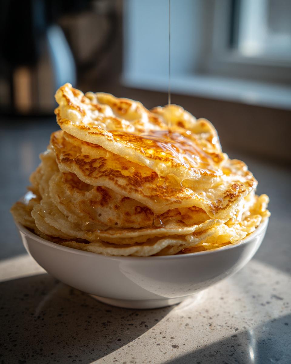 Close-up of a stack of golden pancakes in a bowl with syrup being poured on top for ramadan pancake cereal suhoor