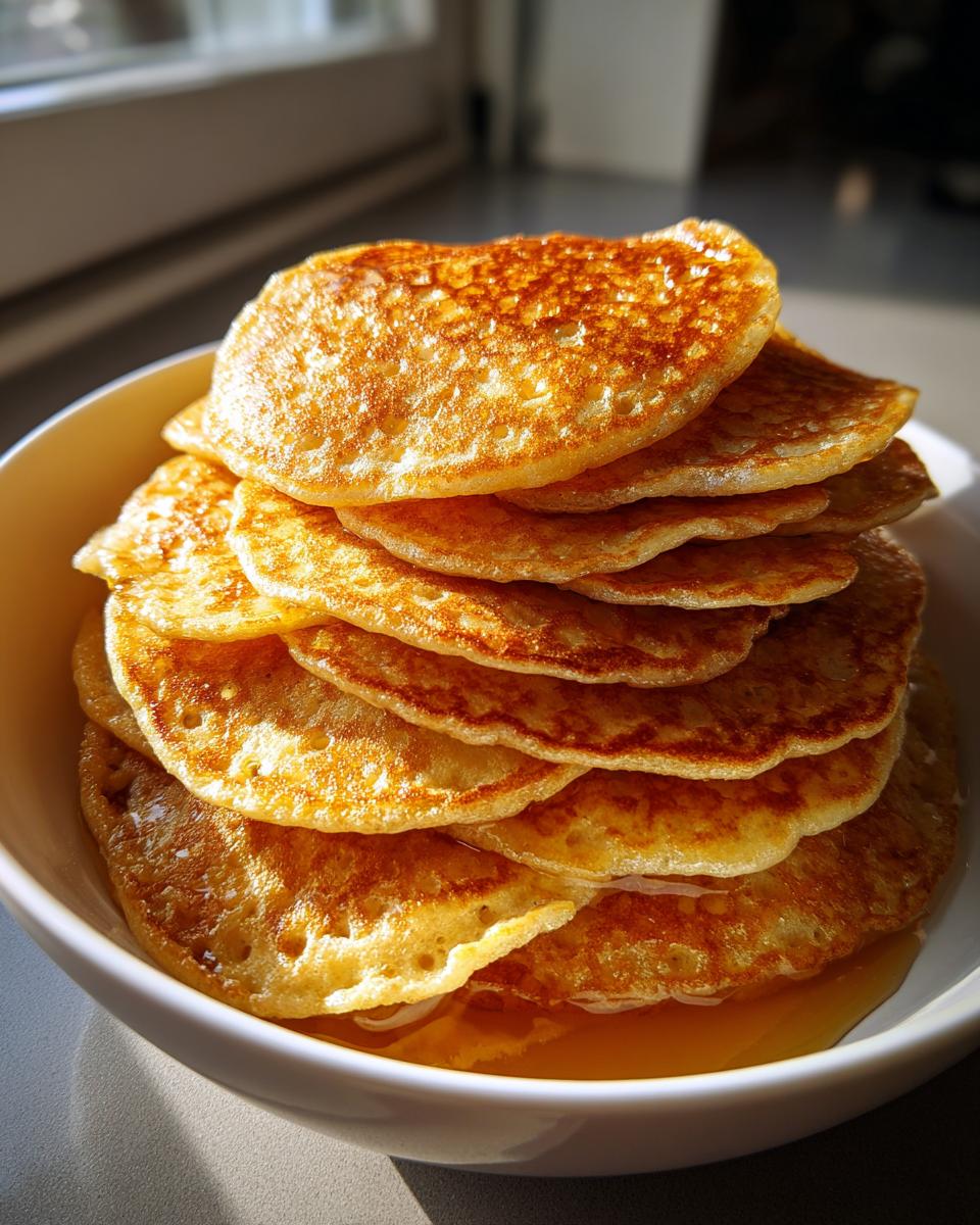 Close-up of a stack of golden Ramadan pancake cereal suhoor in a white bowl with syrup.
