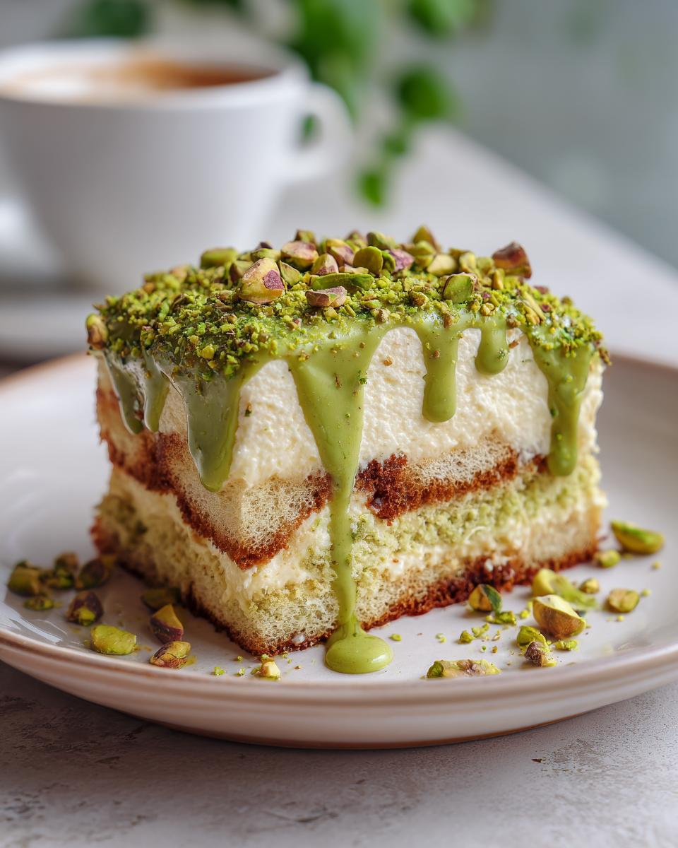 Close-up of creamy Ramadan pistachio tiramisu dessert slice topped with pistachio drizzle and nuts