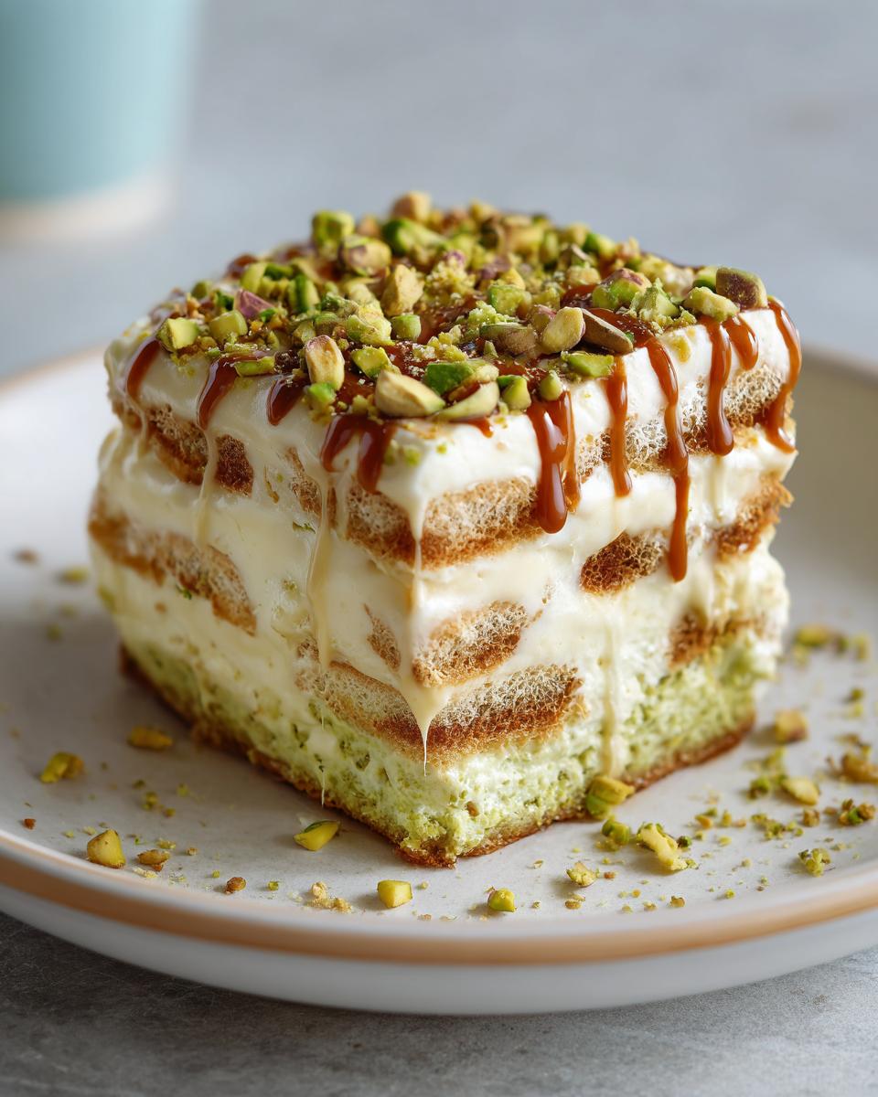 Close-up of a creamy Ramadan pistachio tiramisu dessert slice topped with chopped pistachios and caramel drizzle