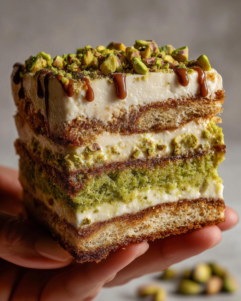 Hand holding a creamy Ramadan pistachio tiramisu dessert slice topped with chopped pistachios and chocolate drizzle.