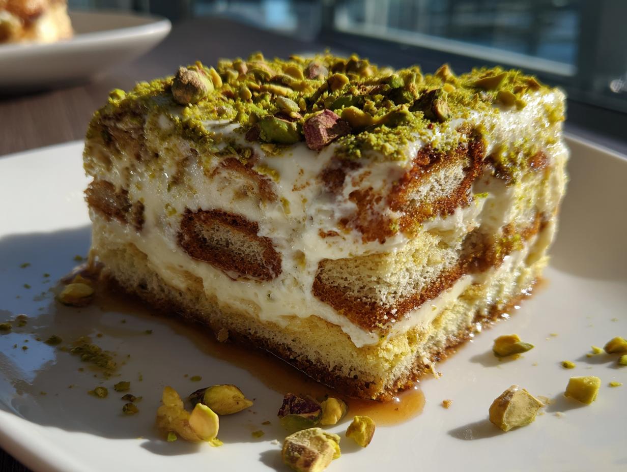 Close-up of a creamy Ramadan pistachio tiramisu dessert slice topped with crushed pistachios on a white plate.