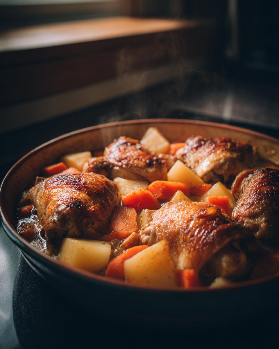 Slow cooker chicken dinner with carrots and potatoes steaming hot in a pot