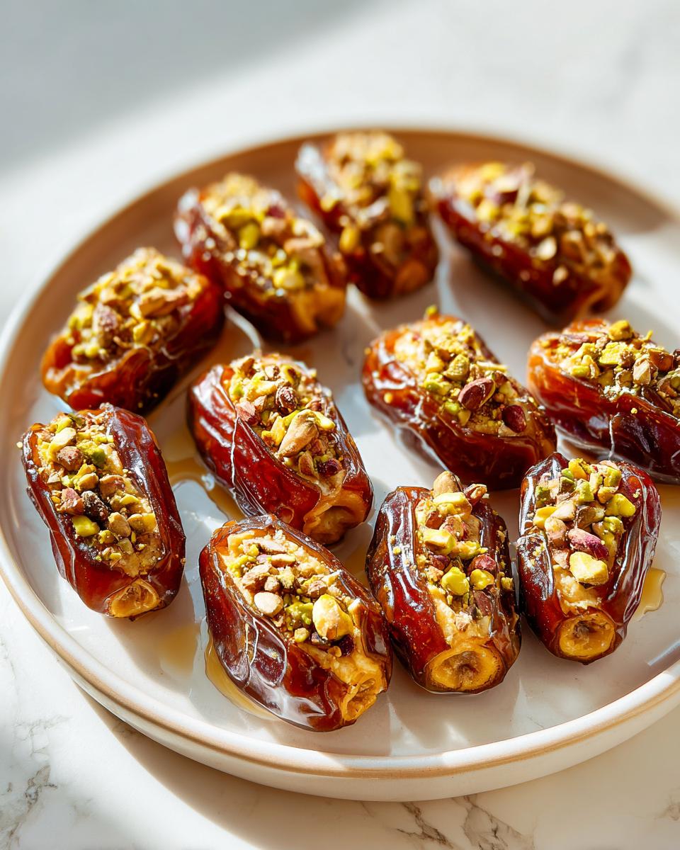 Close-up of a ramadan stuffed dates platter topped with chopped nuts and drizzled honey