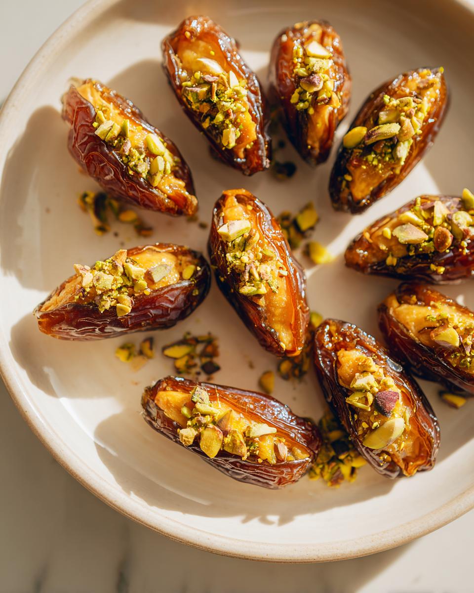 Close-up of a ramadan stuffed dates platter topped with chopped pistachios on a white plate.