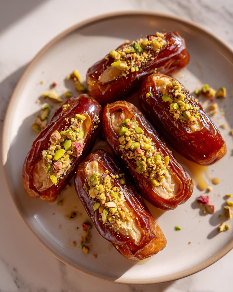 Close-up of a ramadan stuffed dates platter topped with chopped pistachios on a beige plate.