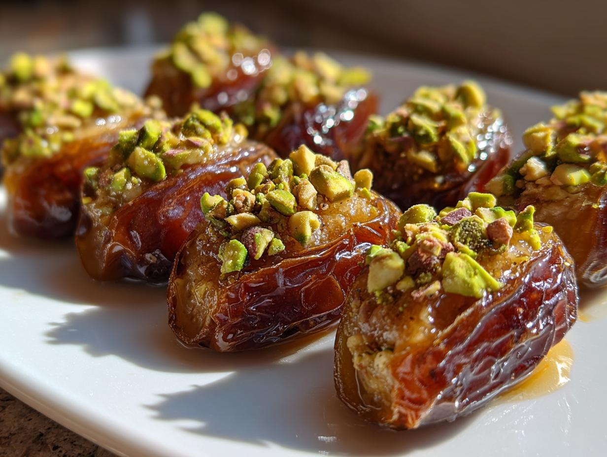 Close-up of ramadan stuffed dates platter topped with chopped pistachios on a white plate.