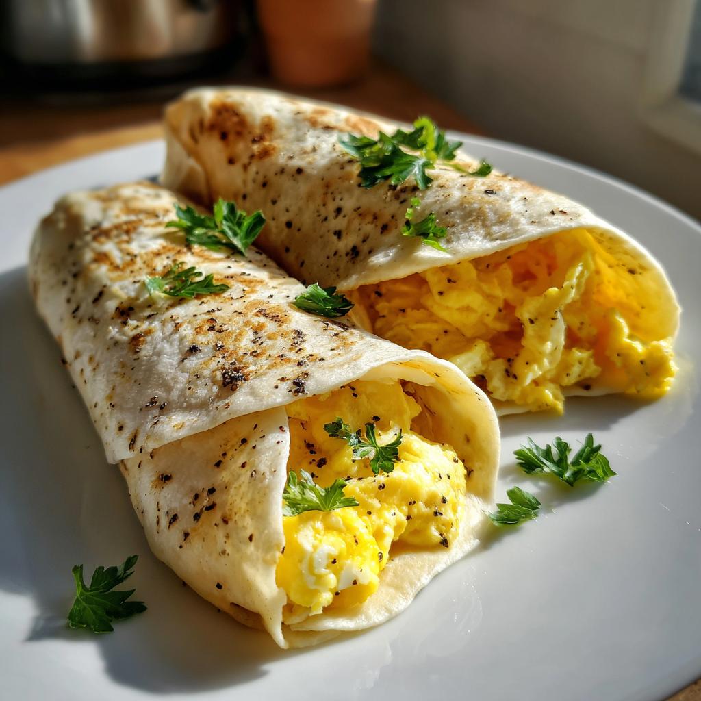 Two ramadan tortilla egg wrap hack rolls filled with scrambled eggs and garnished with parsley on a white plate.