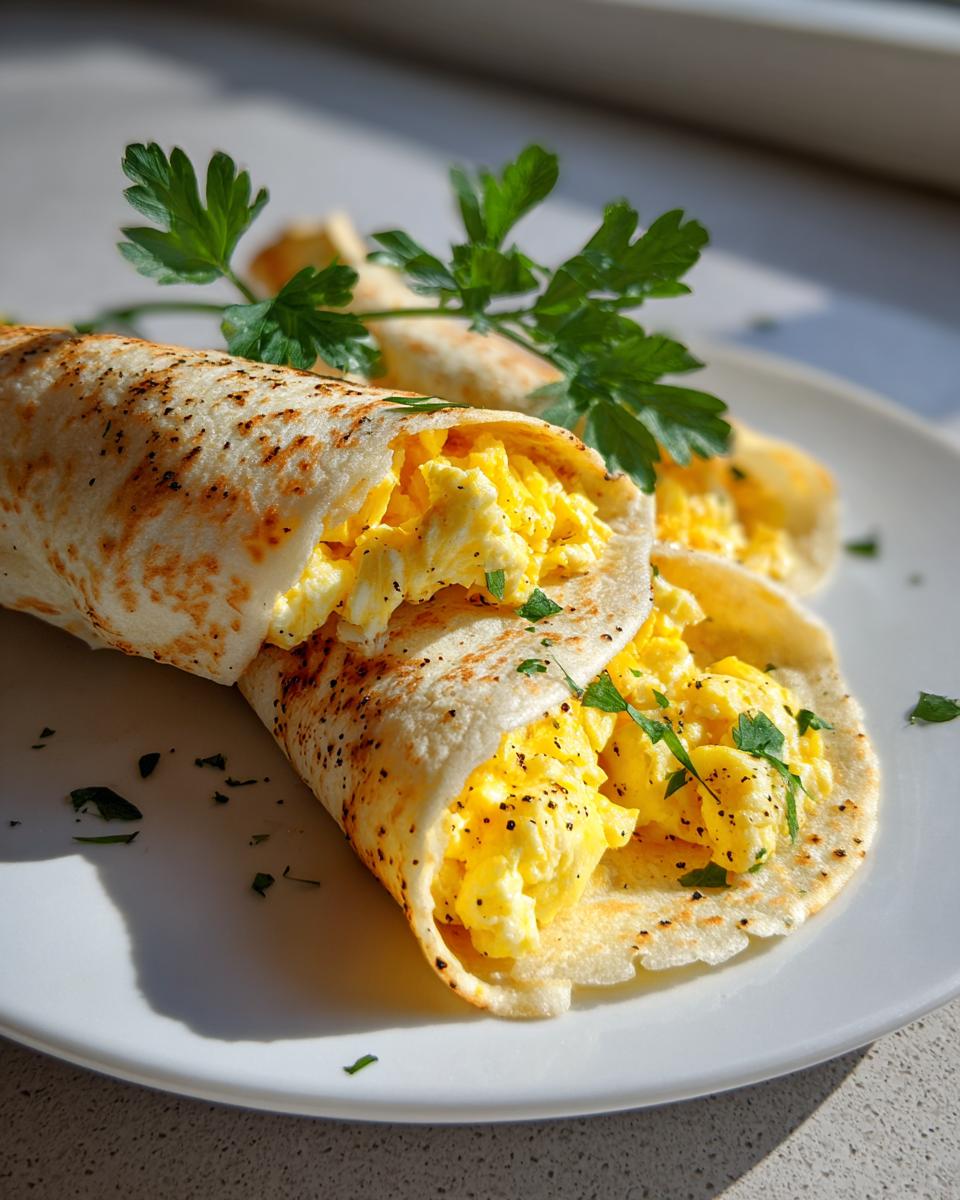 Close-up of a ramadan tortilla egg wrap hack with scrambled eggs and parsley on a white plate.
