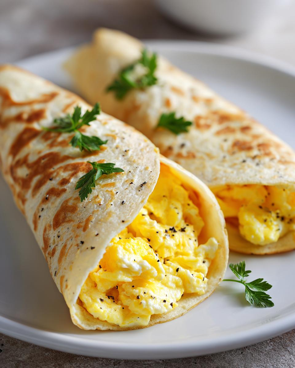 Two Ramadan tortilla egg wrap hacks filled with scrambled eggs and garnished with parsley on a white plate.