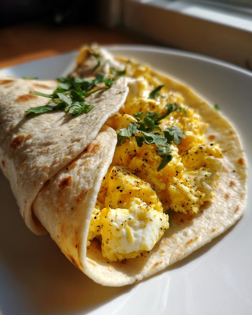Close-up of a Ramadan tortilla egg wrap hack filled with scrambled eggs and garnished with herbs