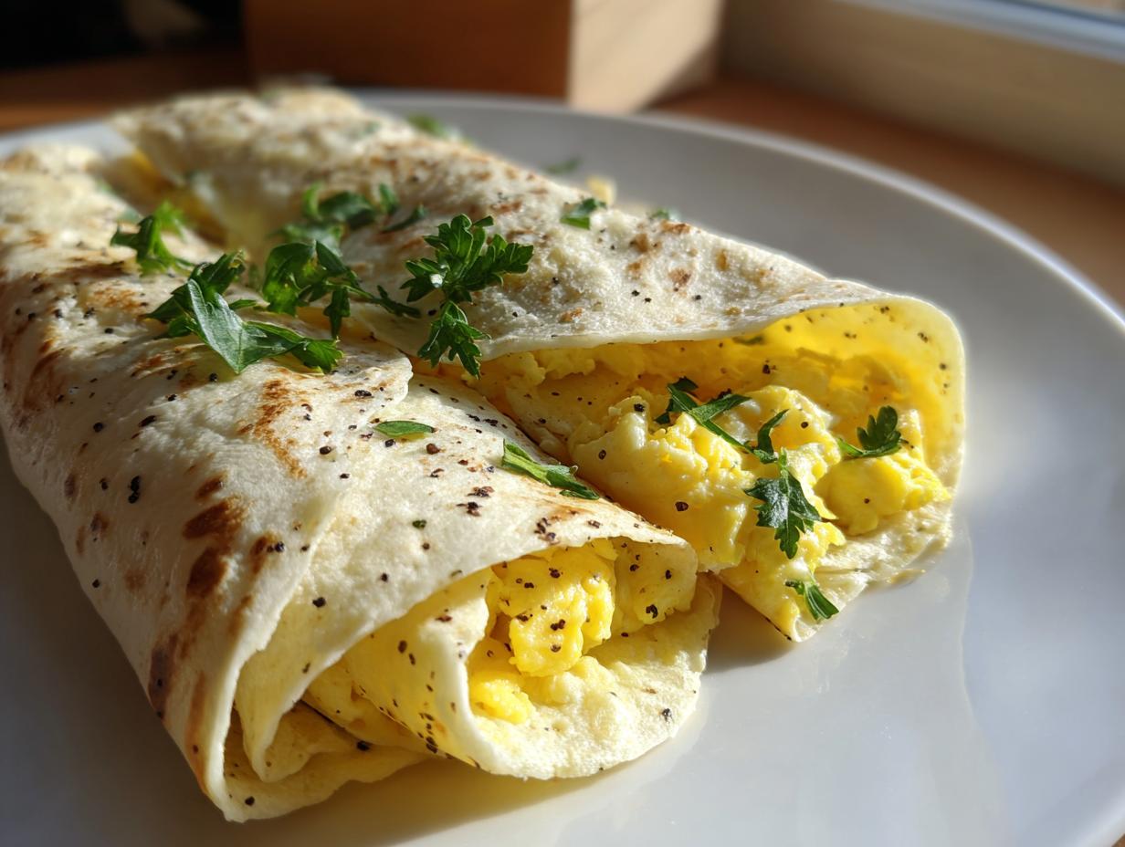Close-up of a ramadan tortilla egg wrap hack with scrambled eggs and herbs on a white plate.
