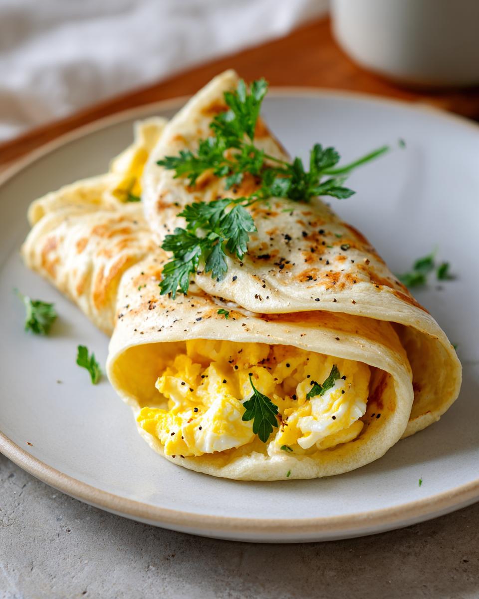 Close-up of a ramadan tortilla egg wrap garnished with fresh parsley on a white plate.