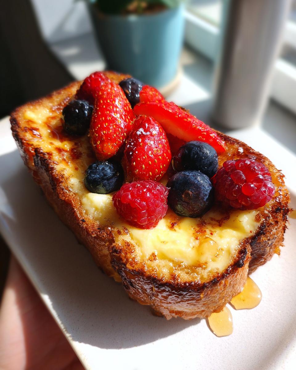 Close-up of ramadan viral yogurt custard toast topped with strawberries, blueberries, and raspberries.