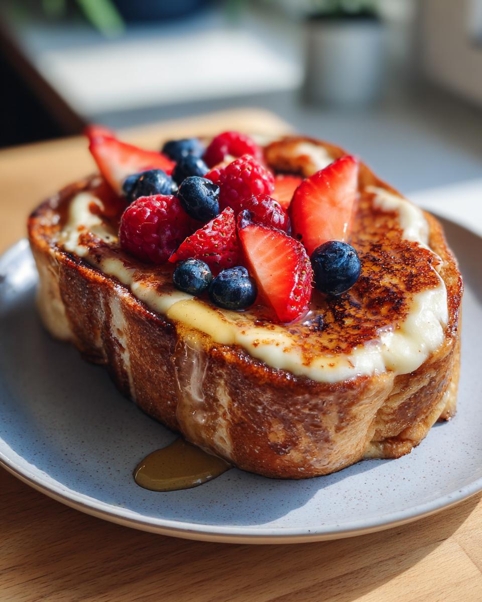 Close-up of ramadan viral yogurt custard toast topped with strawberries, raspberries, blueberries, and honey drizzle.