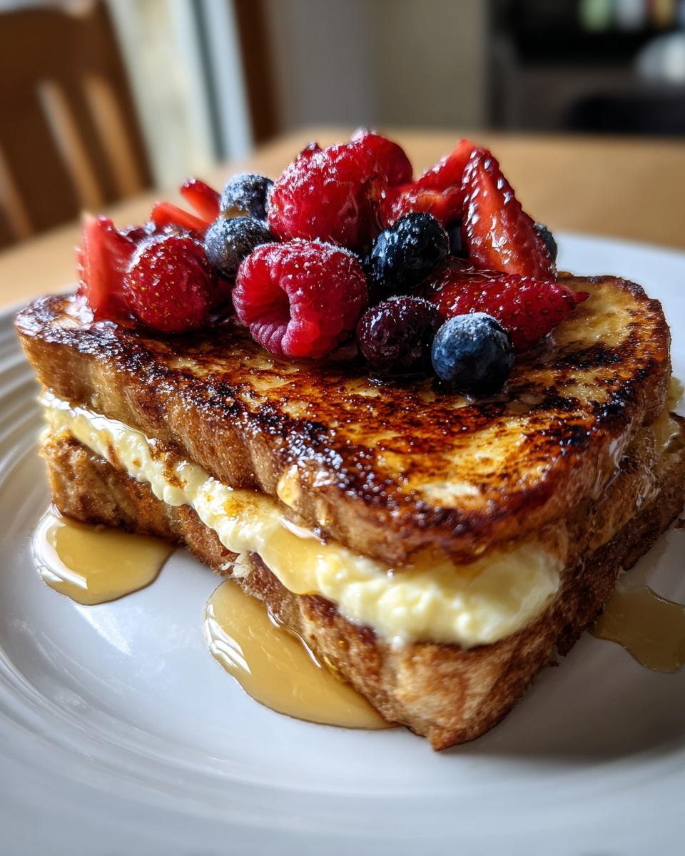 Close-up of ramadan viral yogurt custard toast topped with mixed fresh berries and drizzled syrup
