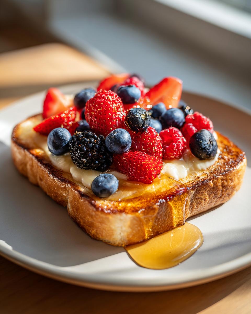 Toast topped with yogurt custard, fresh strawberries, blueberries, blackberries, and honey drizzle