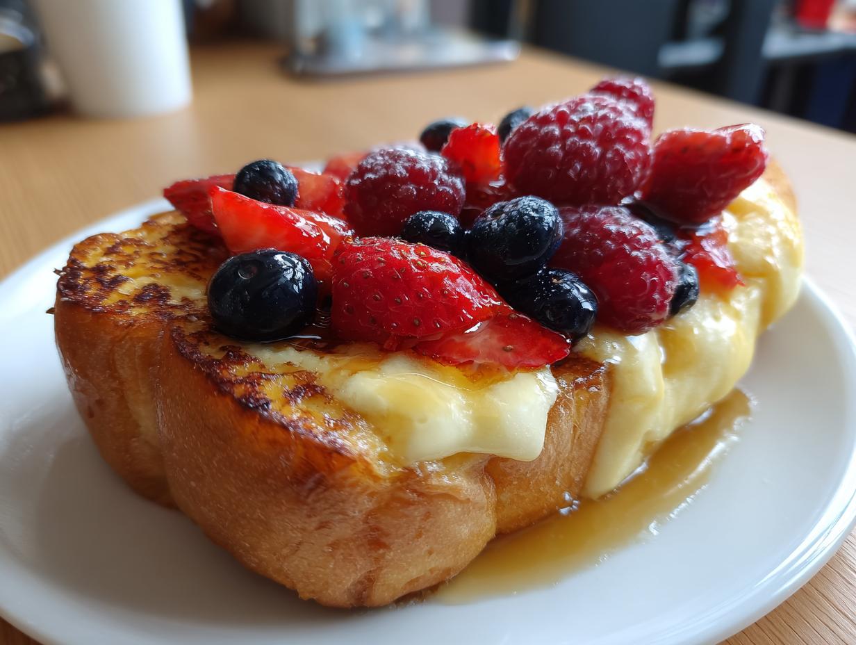 Close-up of ramadan viral yogurt custard toast topped with strawberries, blueberries, raspberries, and syrup