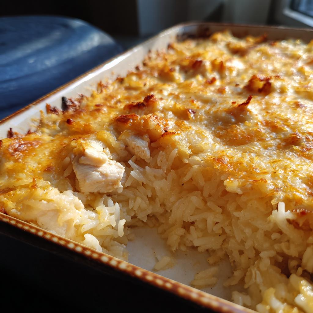 Close-up of a golden rice and chicken casserole iftar with melted cheese on top in a baking dish.