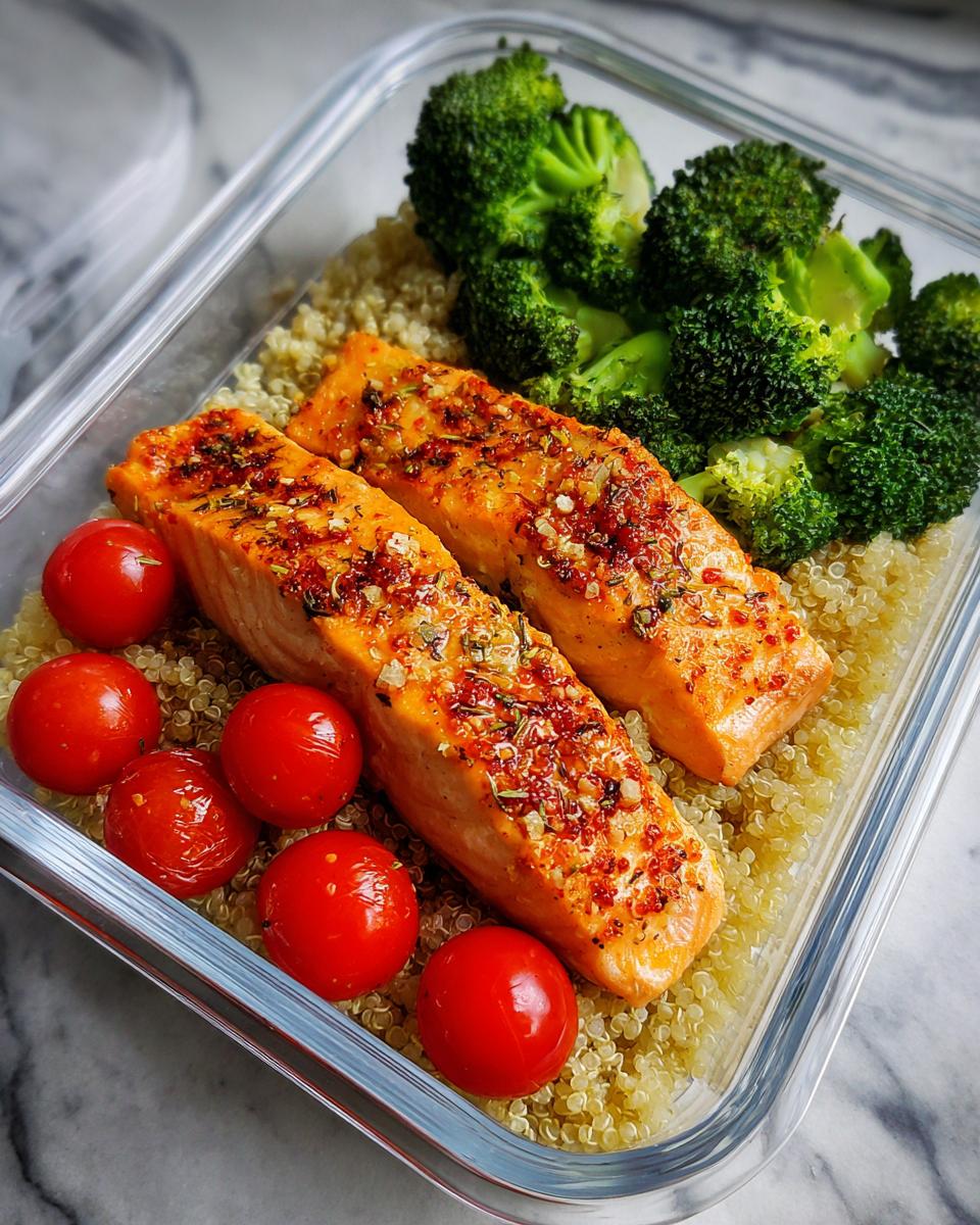 Glass container with salmon meal prep featuring two seasoned salmon fillets on quinoa, broccoli, and cherry tomatoes.