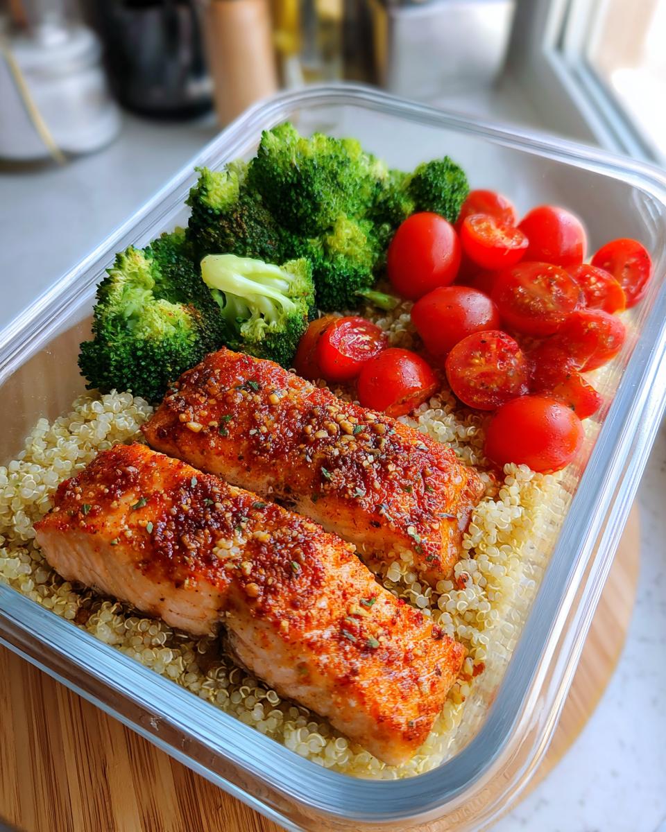 Salmon meal prep with seasoned salmon, quinoa, broccoli, and cherry tomatoes in a glass container
