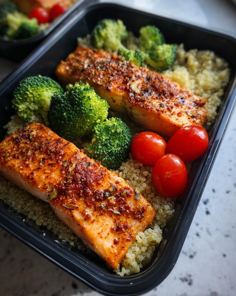 Salmon meal prep with seasoned salmon fillets, broccoli, cherry tomatoes, and quinoa in a black container.