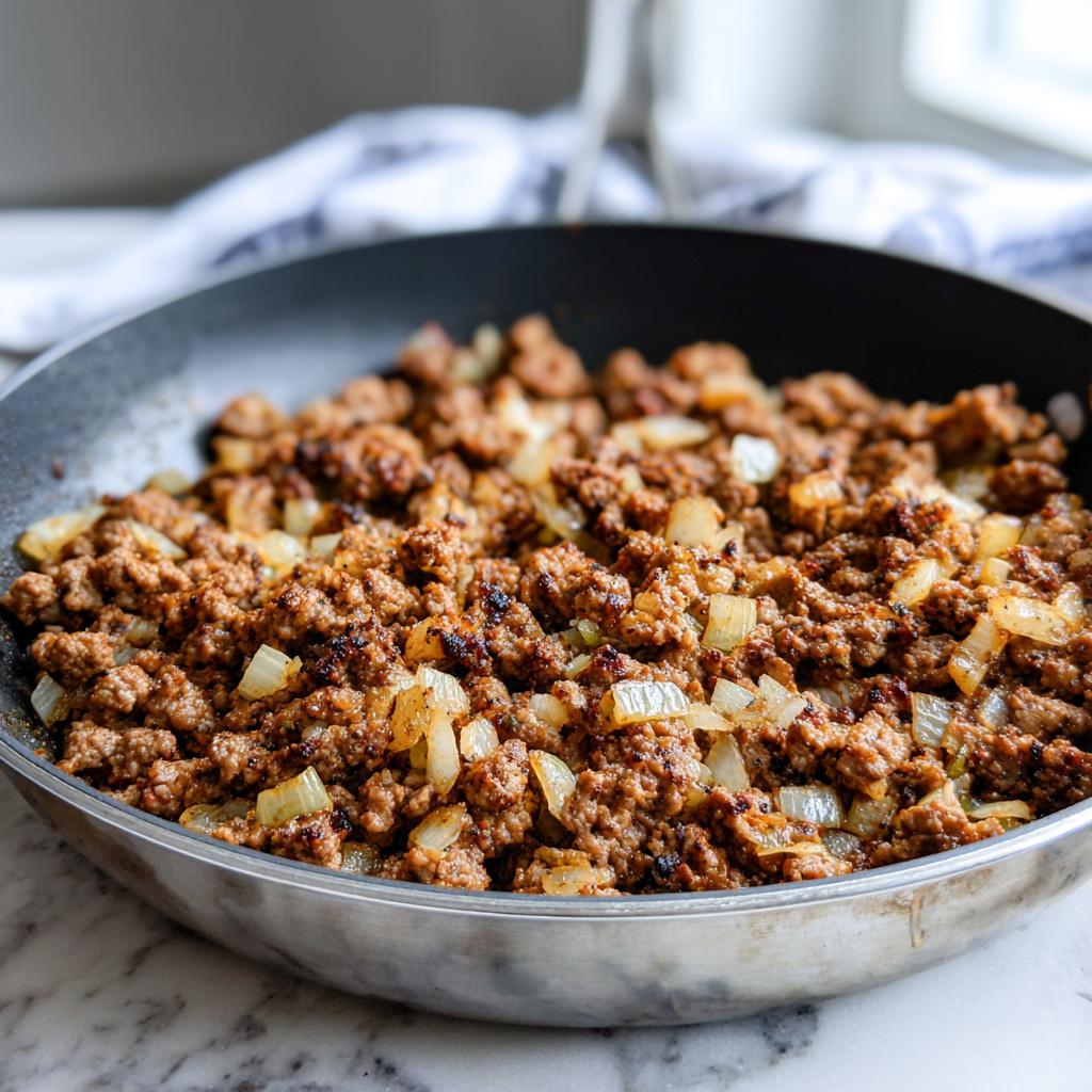 Close-up of cooked ground beef with sautéed onions in a skillet for healthy ground beef recipes