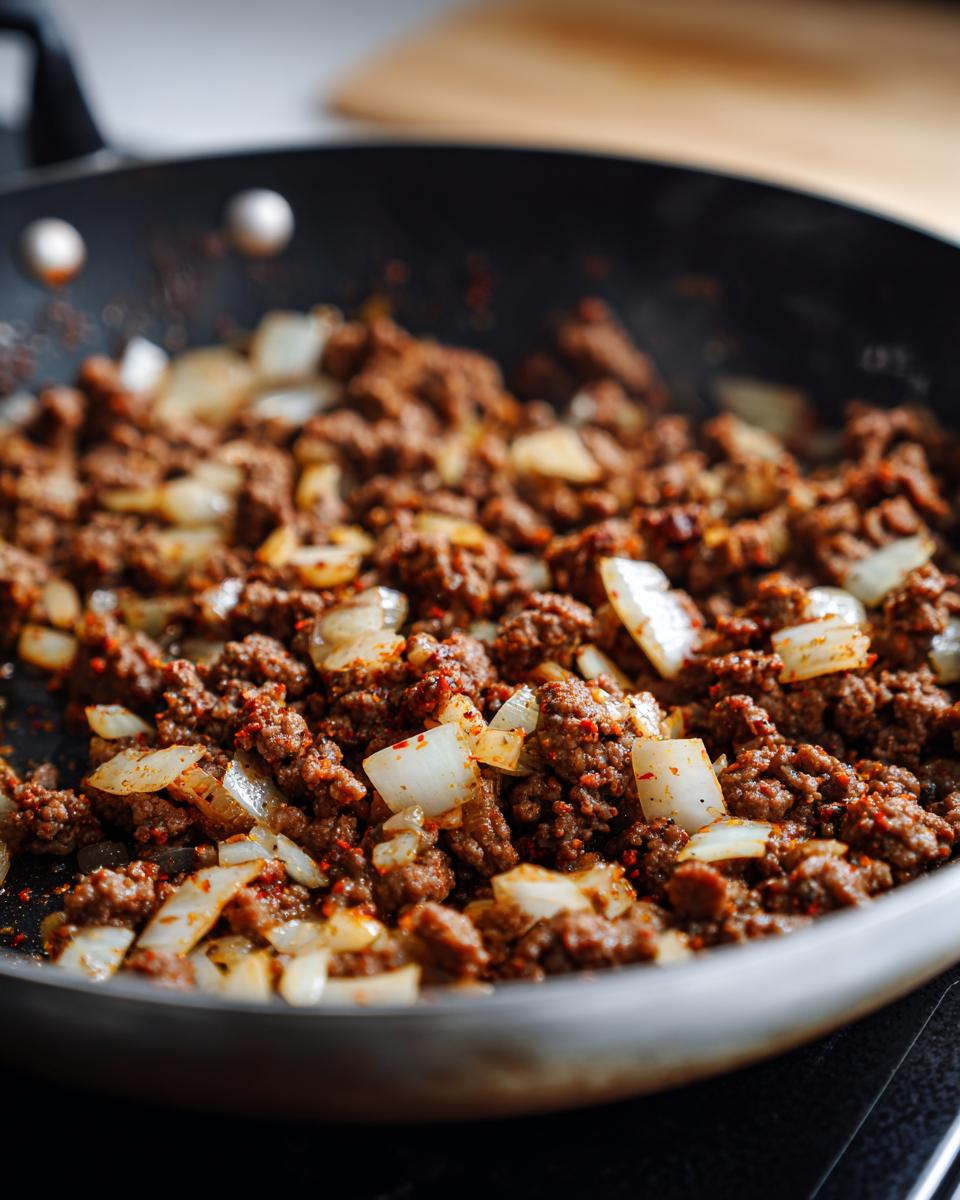 Close-up of sautéed ground beef with chopped onions cooking in a black pan.