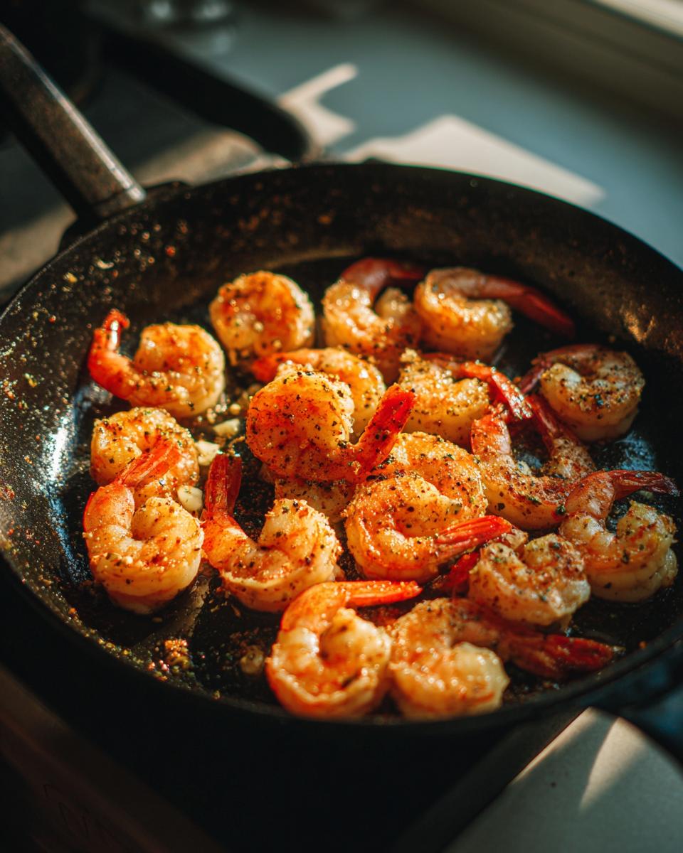 Close-up of seasoned sautéed shrimp cooking in a black skillet for shrimp dinner ideas.