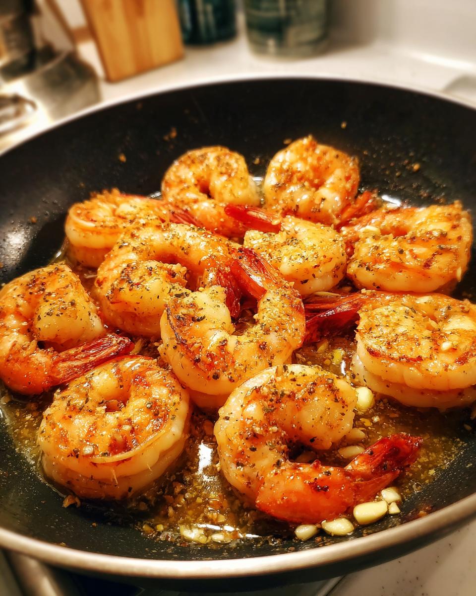 Close-up of sautéed shrimp seasoned with herbs and garlic in a black pan for shrimp dinner ideas.