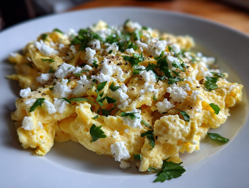 Plate of scrambled eggs topped with white cheese crumbles and fresh green herbs, a high protein suhoor recipe