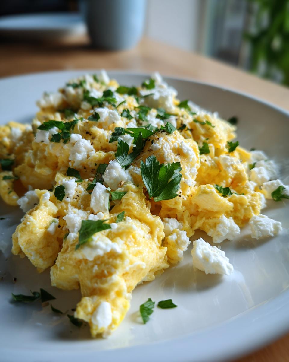 Scrambled eggs topped with crumbled feta cheese and fresh parsley on a white plate, a high protein suhoor recipes dish.