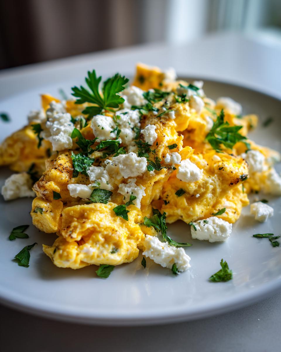 Plate of scrambled eggs topped with fresh herbs and crumbled cheese, ideal for high protein suhoor recipes.