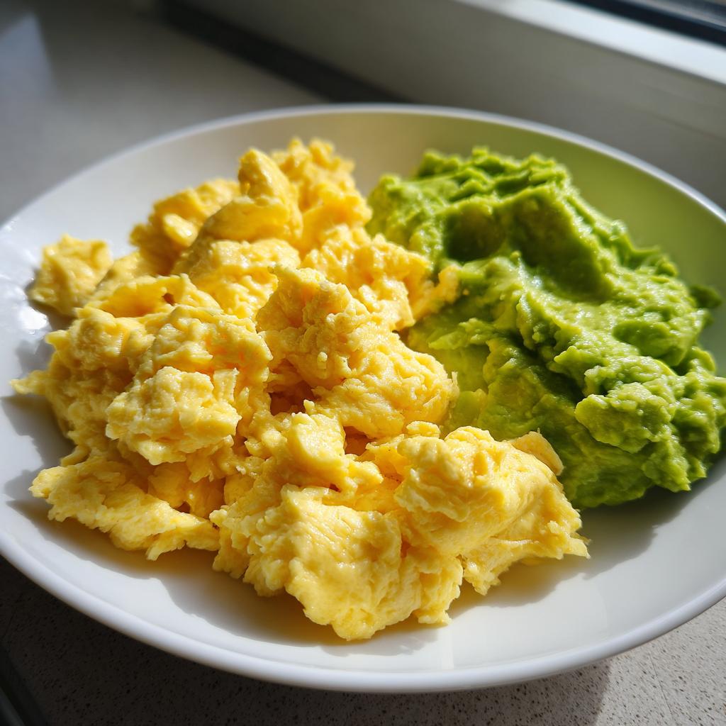 Plate with fluffy scrambled eggs and creamy mashed avocado for egg and avocado suhoor ideas
