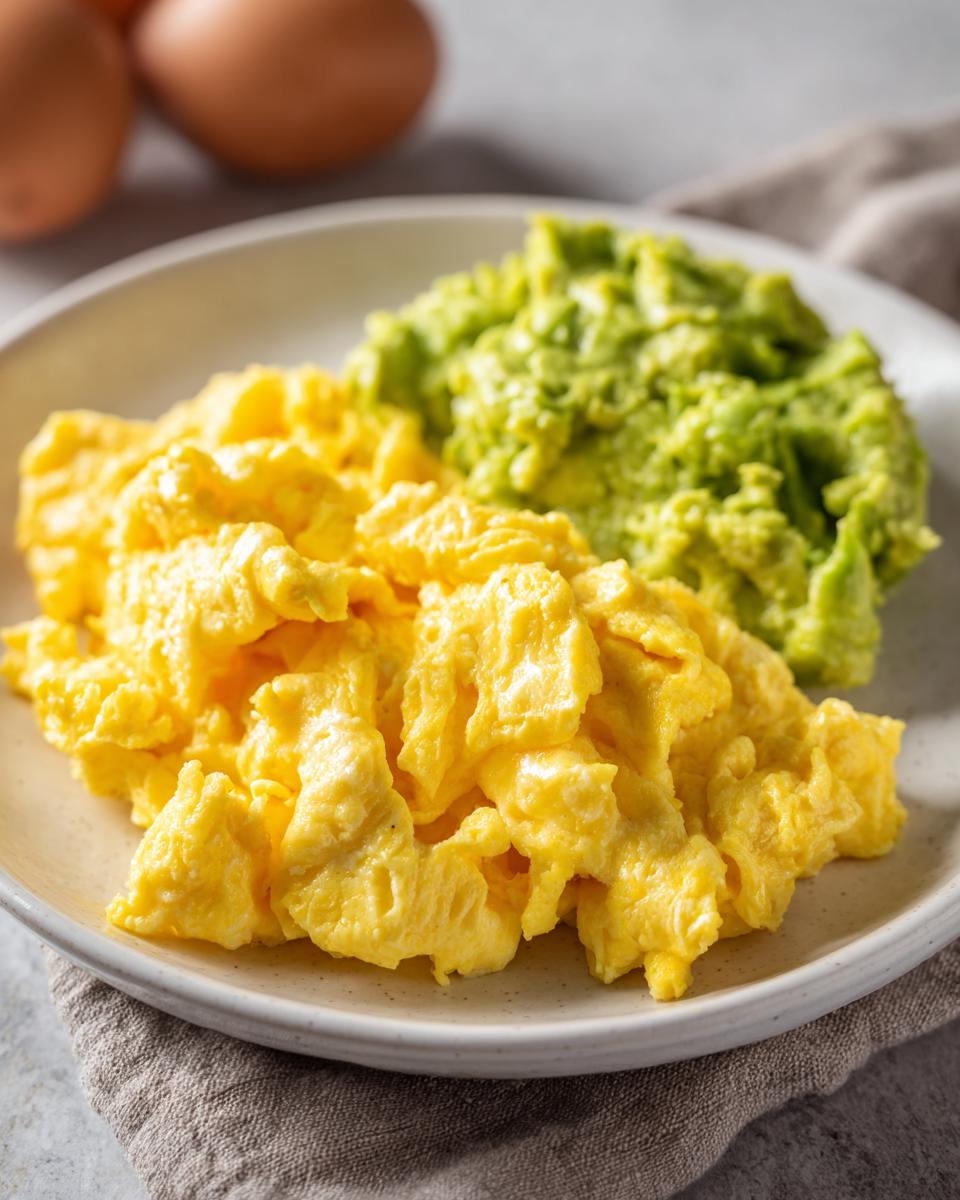 Plate with fluffy scrambled eggs and creamy mashed avocado for egg and avocado suhoor ideas