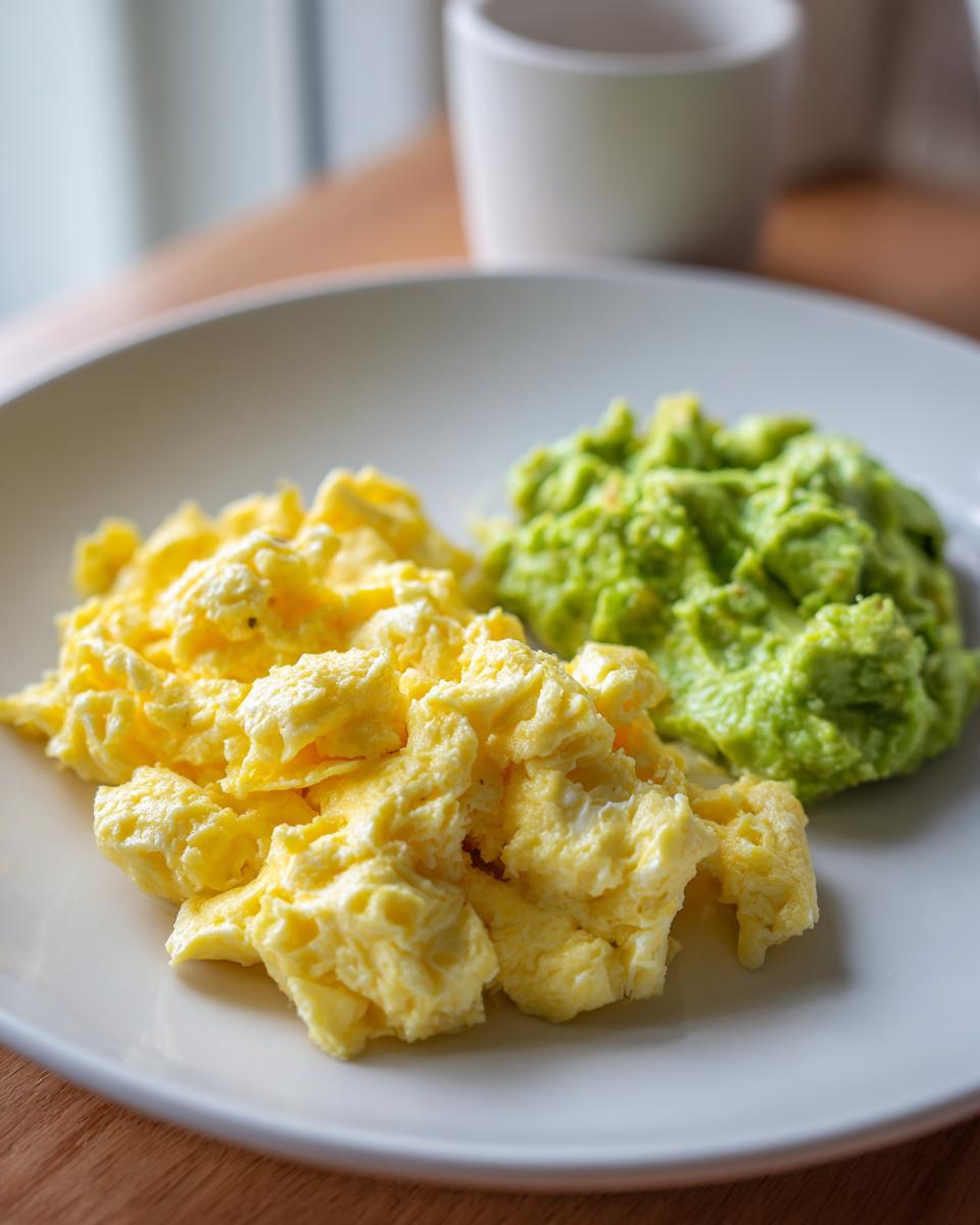 Plate with scrambled eggs and mashed avocado, a healthy egg and avocado suhoor ideas meal.