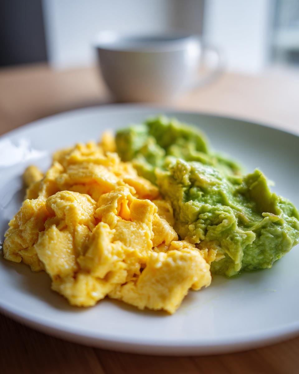 Plate with scrambled eggs and mashed avocado, perfect egg and avocado suhoor ideas