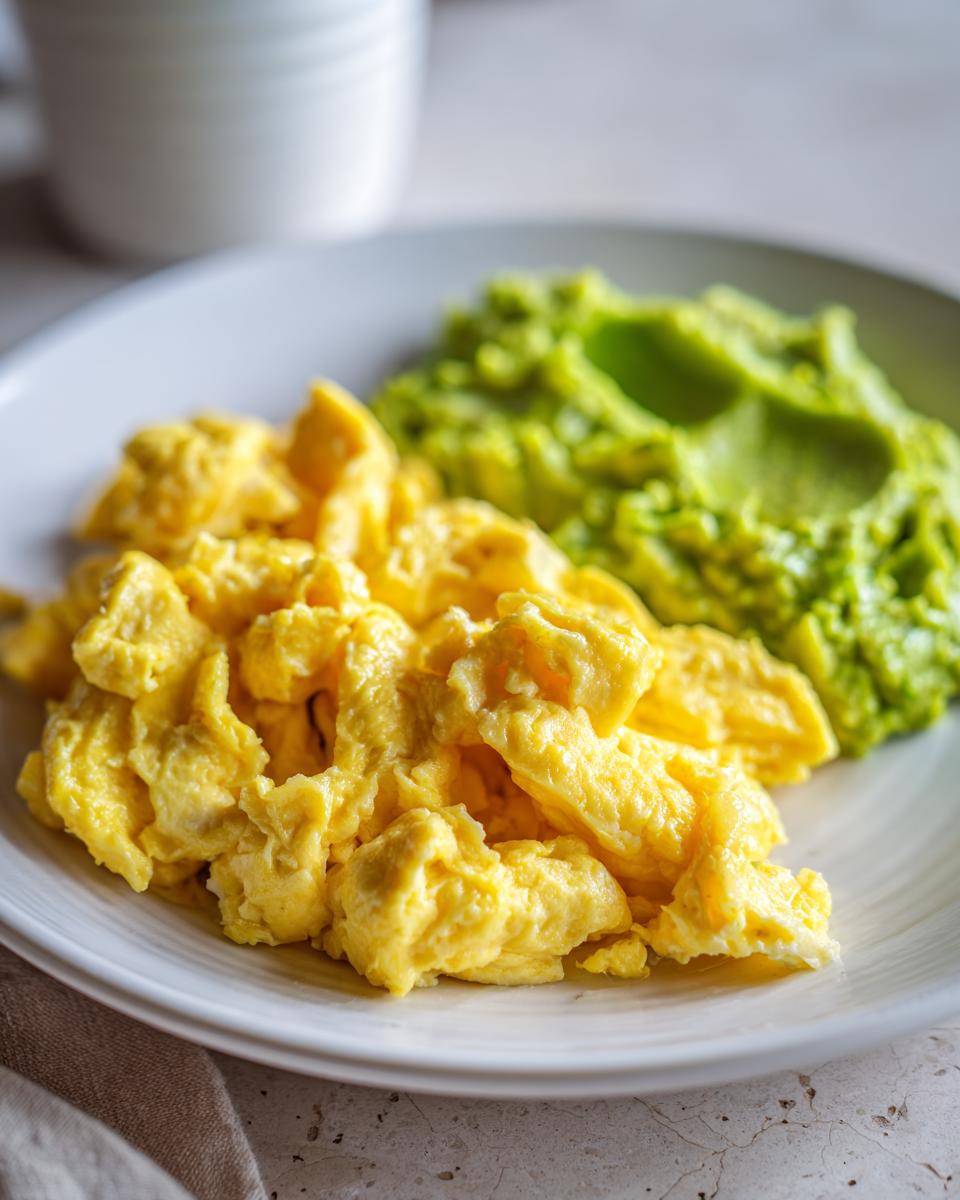 Plate with fluffy scrambled eggs and creamy mashed avocado side by side