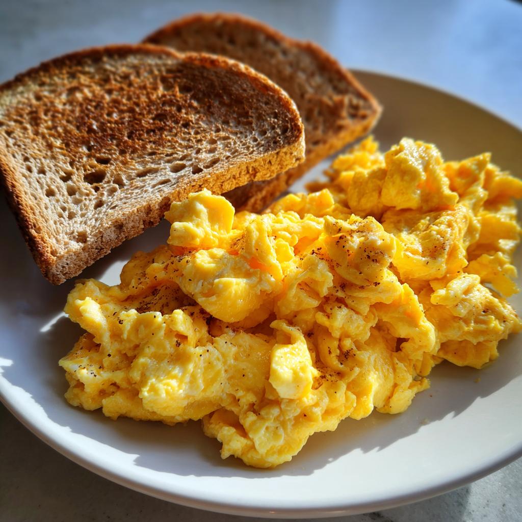 Plate of scrambled eggs seasoned with pepper and two slices of toasted bread for easy breakfast recipes